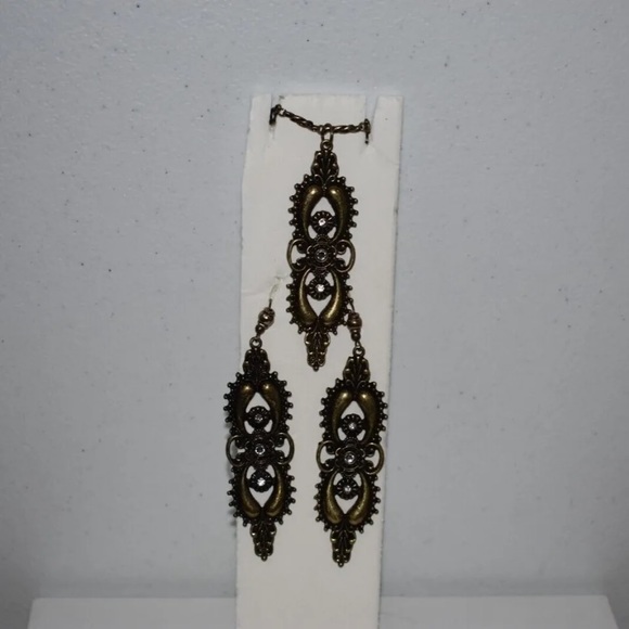 Vintage Old Gold Brown Looking Necklace With Matching Earrings Pretty - Picture 2 of 12